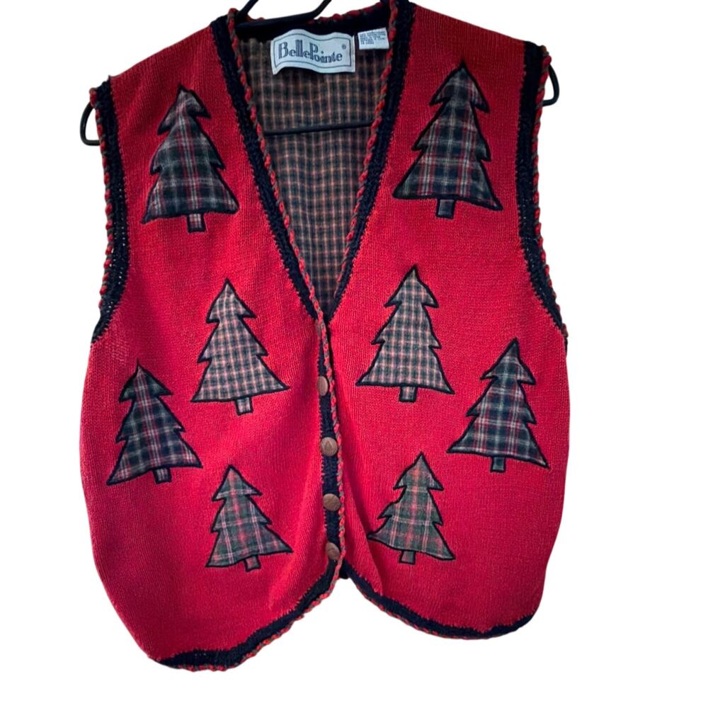 BellePoint vintage Christmas tree vest Tartan Plaid Wood Buittons